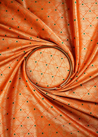 Orange Banarasi Brocade Fabric With All Over Thread And Zari Handloom 25877