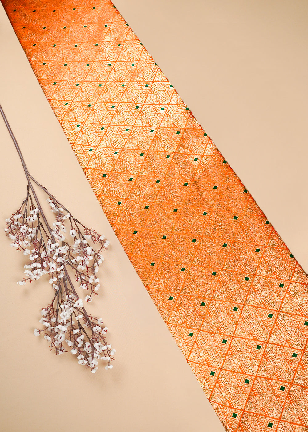 Orange Banarasi Brocade Fabric With All Over Thread And Zari Handloom 25877