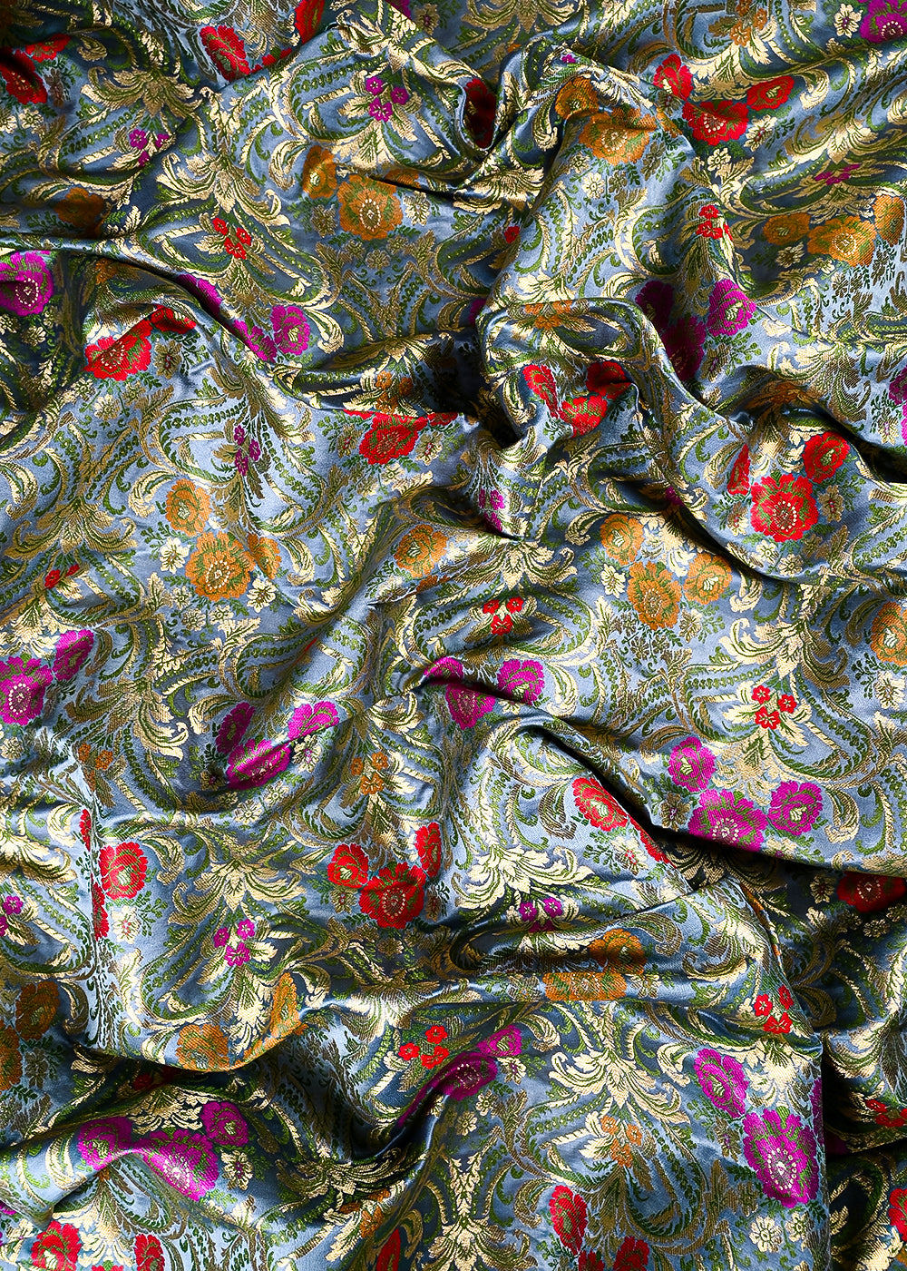 Grey Pure Banarasi Brocade Fabric With All Over Thread And Zari Handloom 25879