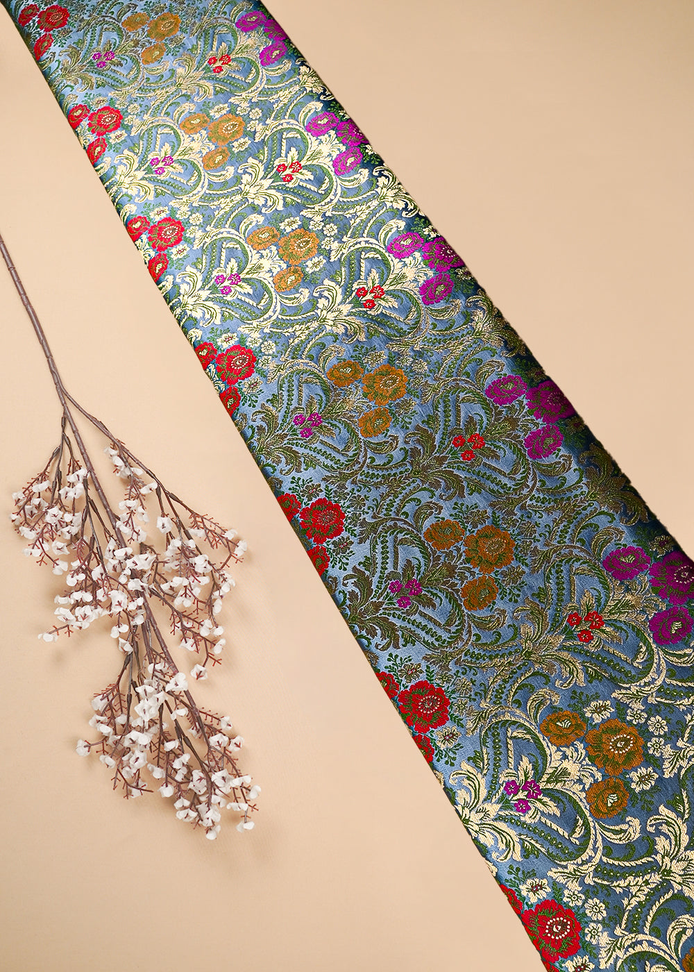 Grey Pure Banarasi Brocade Fabric With All Over Thread And Zari Handloom 25879