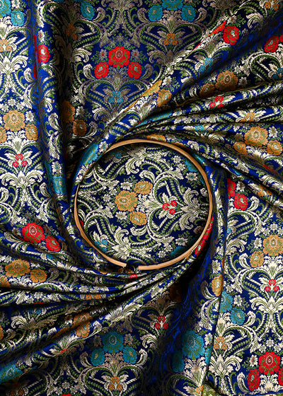 Navy Blue Pure Banarasi Brocade Fabric With All Over Thread And Zari Handloom 25880