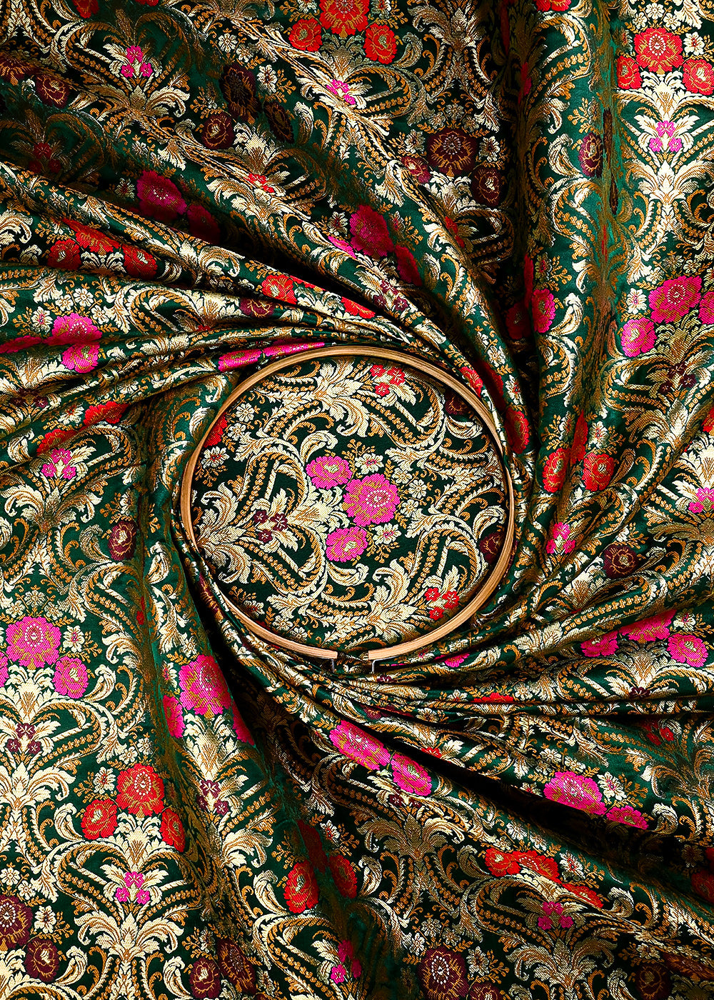 Bottle Green Pure Banarasi Brocade Fabric With All Over Thread And Zari Handloom 25881