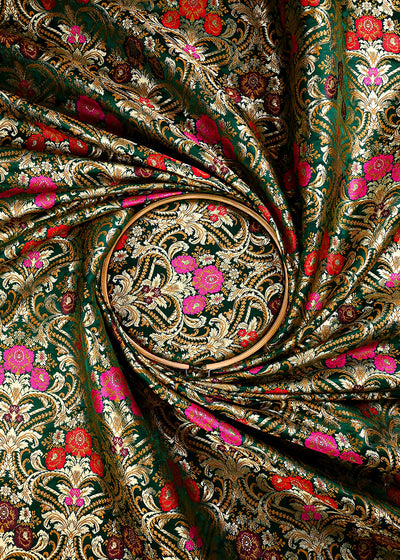 Bottle Green Pure Banarasi Brocade Fabric With All Over Thread And Zari Handloom 25881