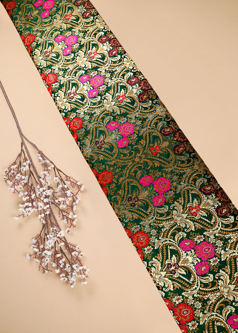 Bottle Green Pure Banarasi Brocade Fabric With All Over Thread And Zari Handloom 25881