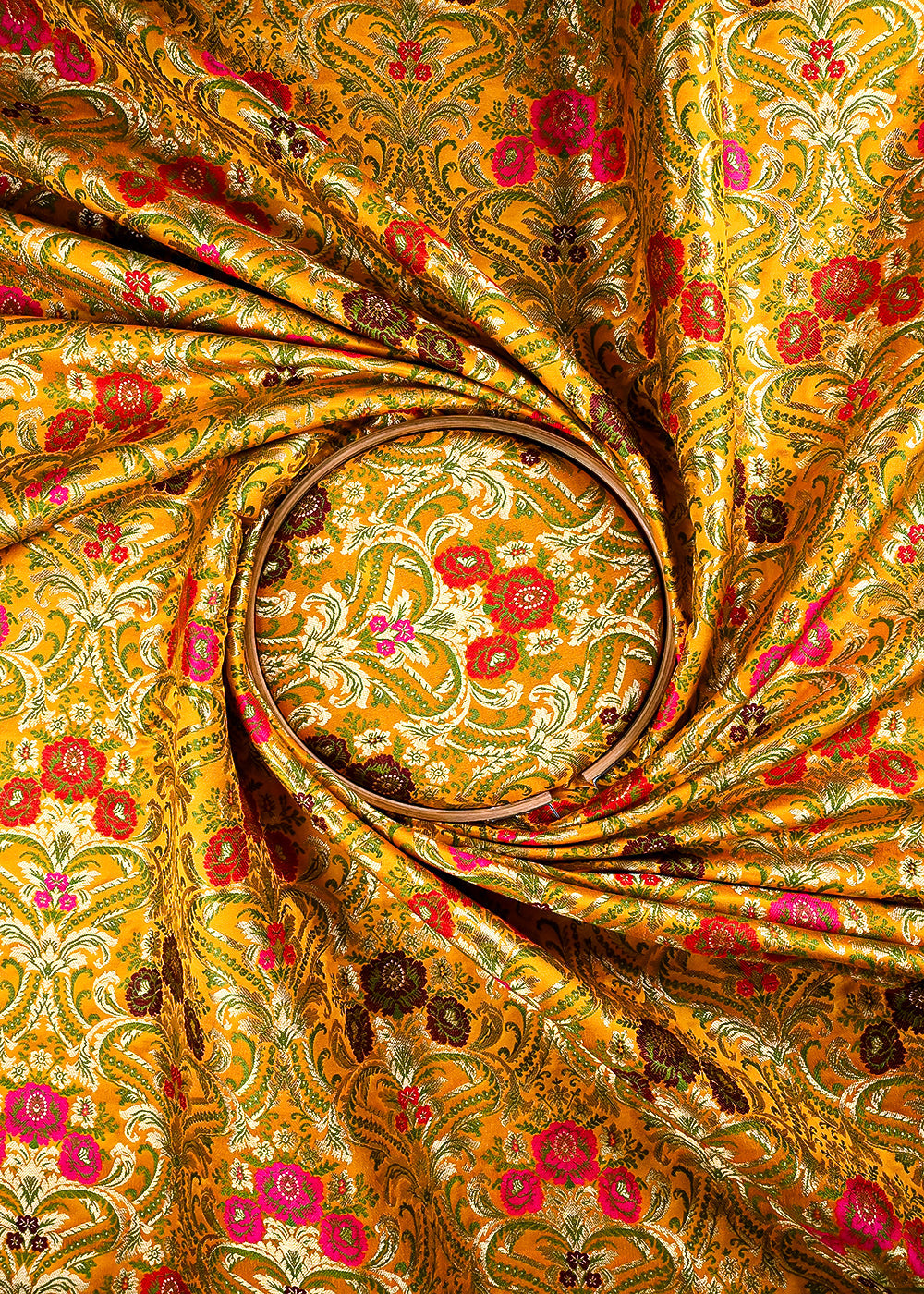 Yellow Pure Banarasi Brocade Fabric With All Over Thread And Zari Handloom 25884