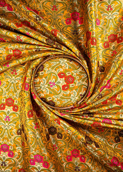 Yellow Pure Banarasi Brocade Fabric With All Over Thread And Zari Handloom 25884