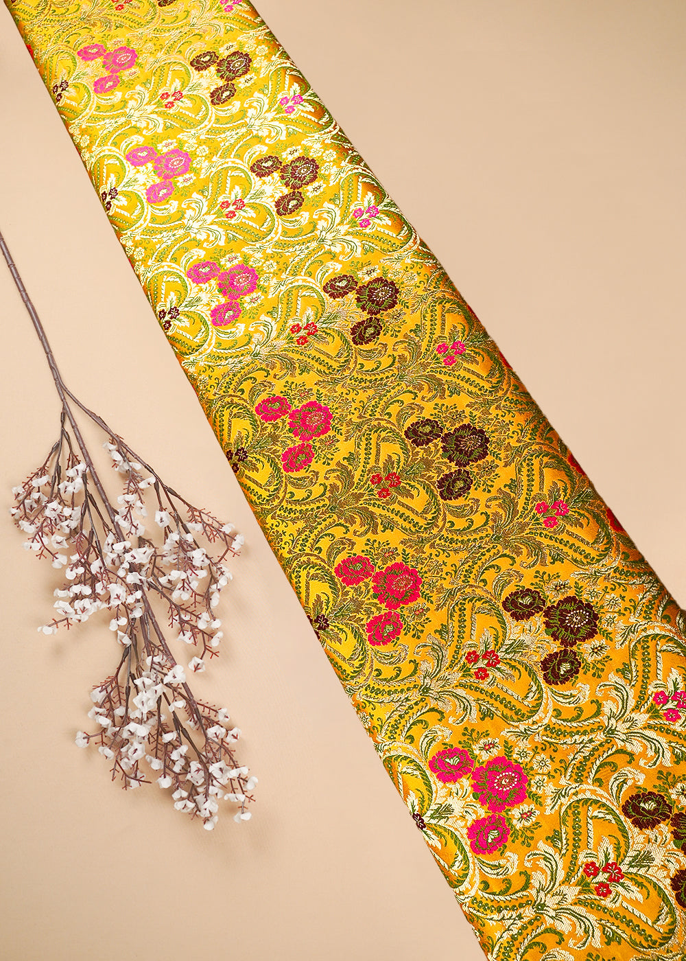 Yellow Pure Banarasi Brocade Fabric With All Over Thread And Zari Handloom 25884