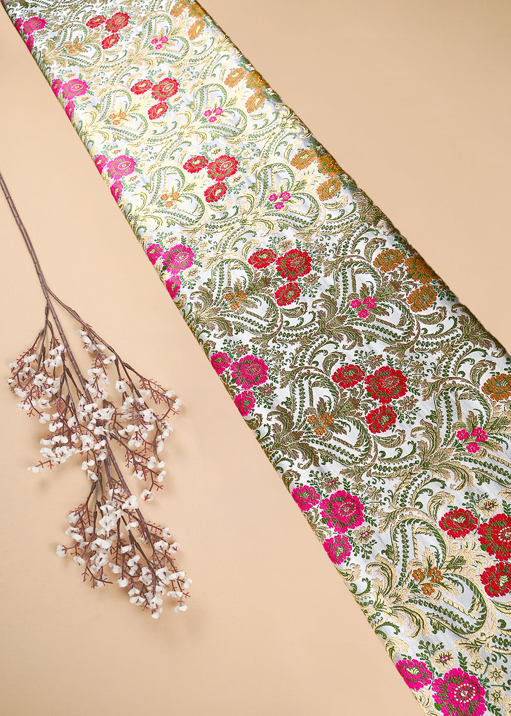 Cream Pure Banarasi Brocade Fabric With All Over Thread And Zari Handloom 25885