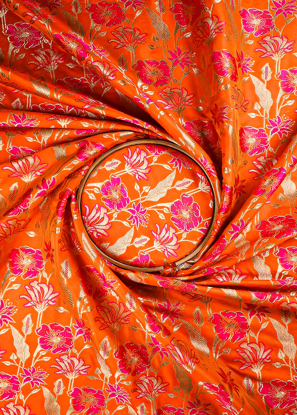 Orange Banarasi Brocade Fabric With All Over Thread And Zari Handloom 25888