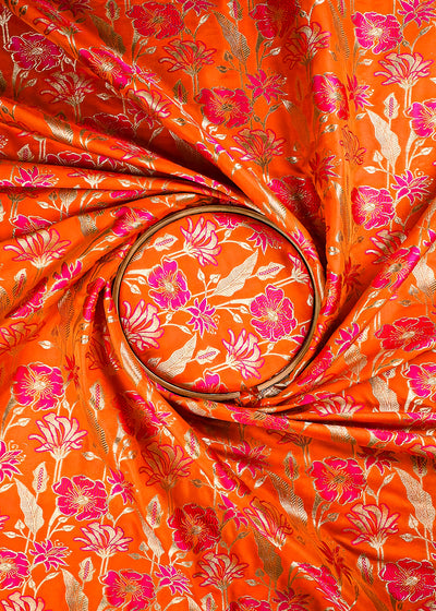 Orange Banarasi Brocade Fabric With All Over Thread And Zari Handloom 25888