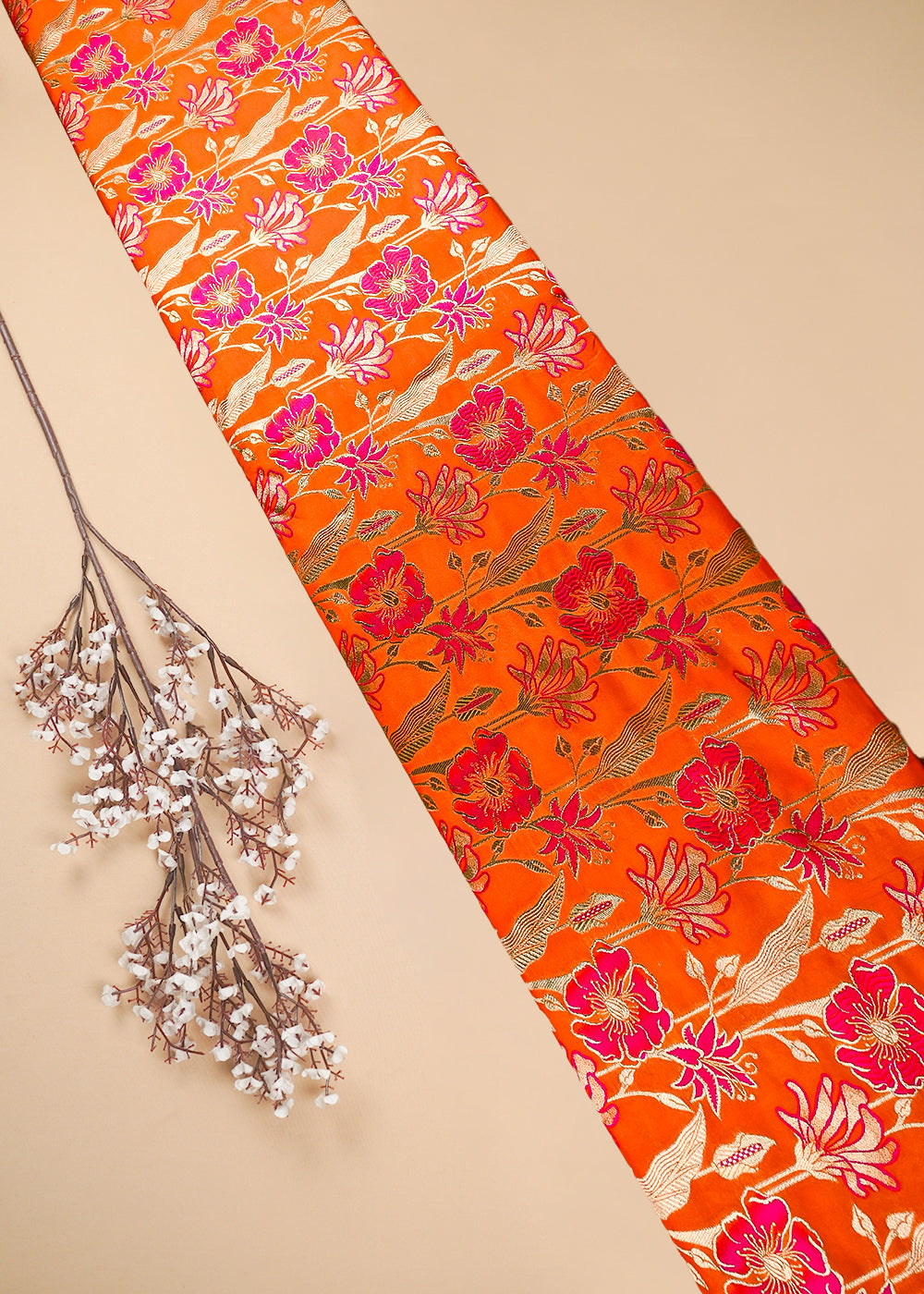 Orange Banarasi Brocade Fabric With All Over Thread And Zari Handloom 25888