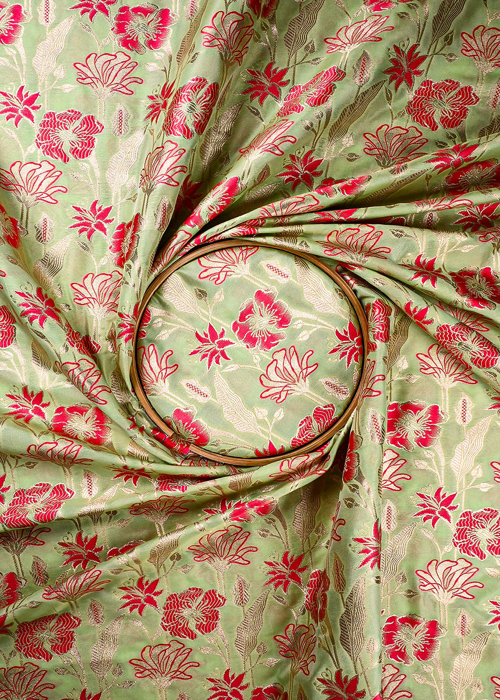 Pista Green Banarasi Brocade Fabric With All Over Thread And Zari Handloom 25889