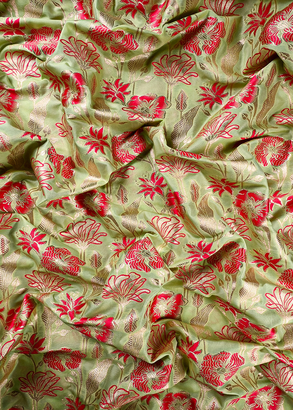 Pista Green Banarasi Brocade Fabric With All Over Thread And Zari Handloom 25889