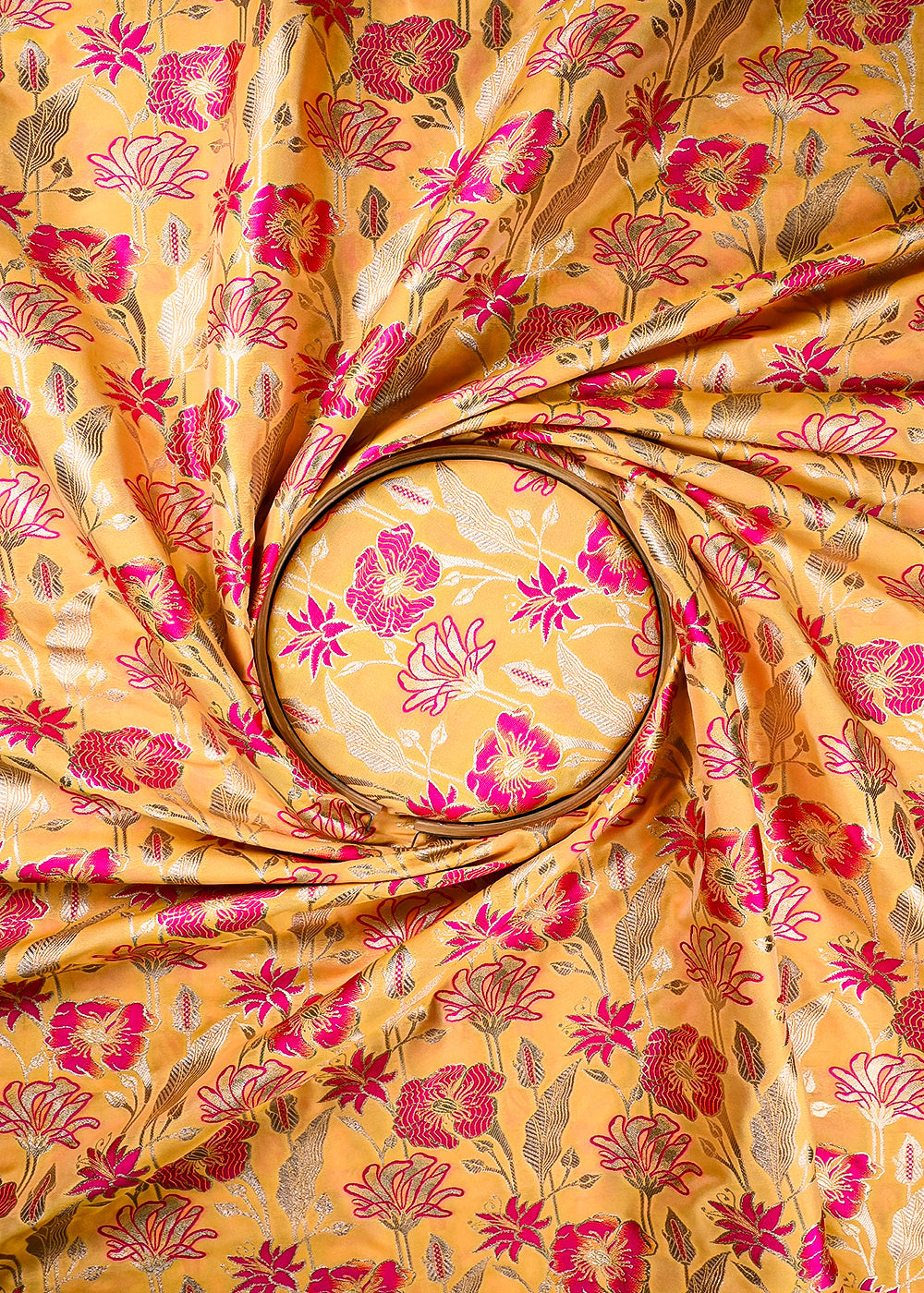 Mustard Banarasi Brocade Fabric With All Over Thread And Zari Handloom 25890