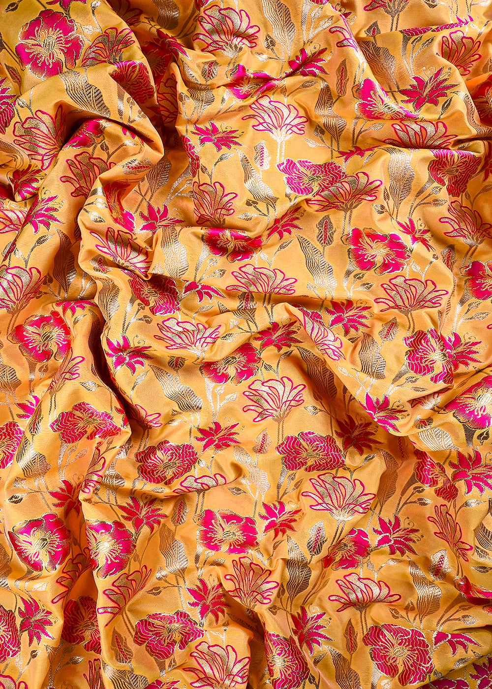 Mustard Banarasi Brocade Fabric With All Over Thread And Zari Handloom 25890