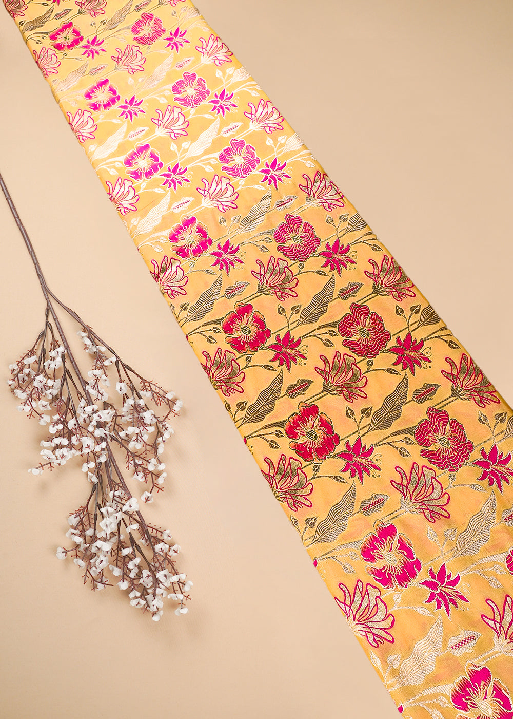 Mustard Banarasi Brocade Fabric With All Over Thread And Zari Handloom 25890