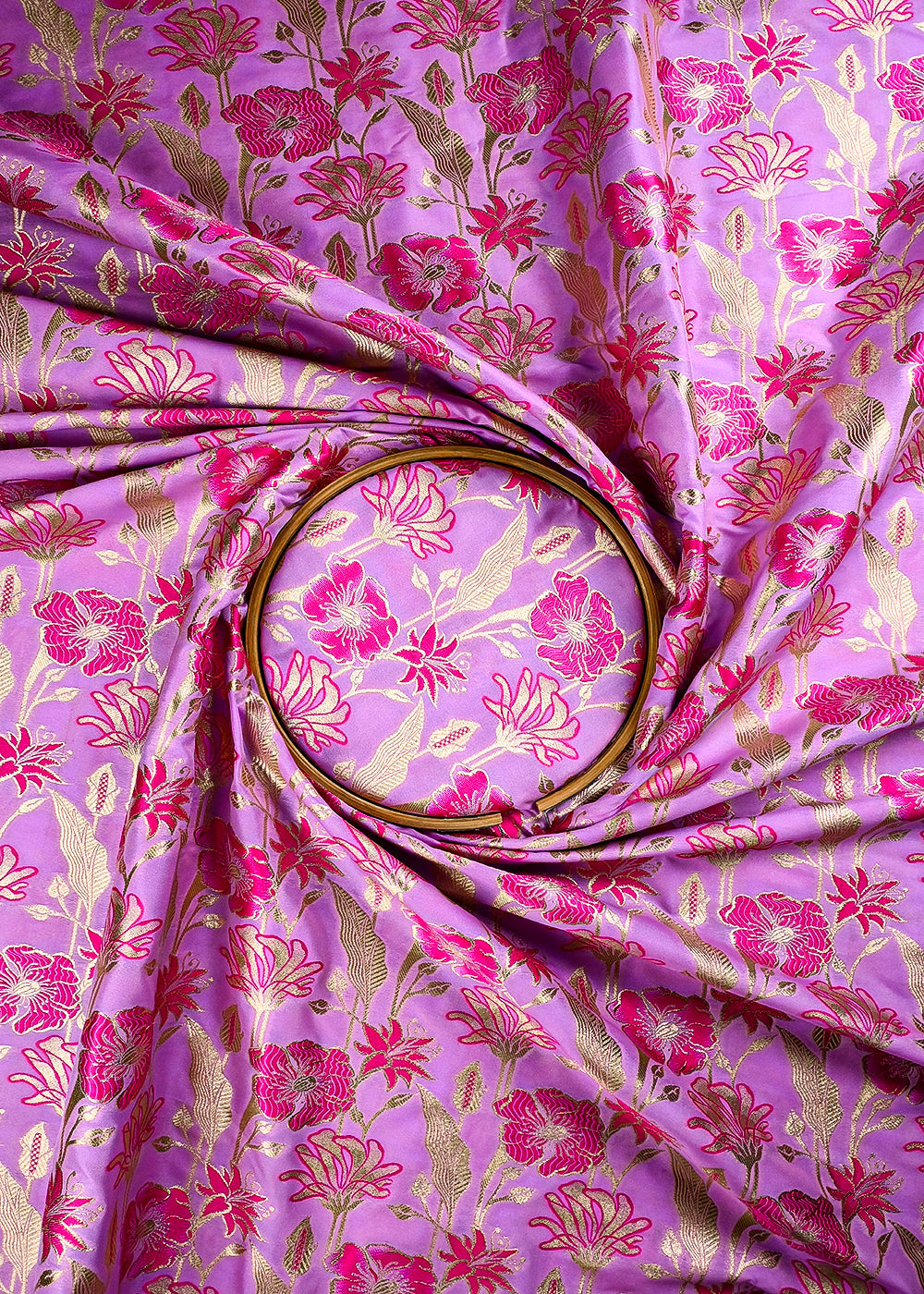 Pink Banarasi Brocade Fabric With All Over Thread And Zari Handloom 25891