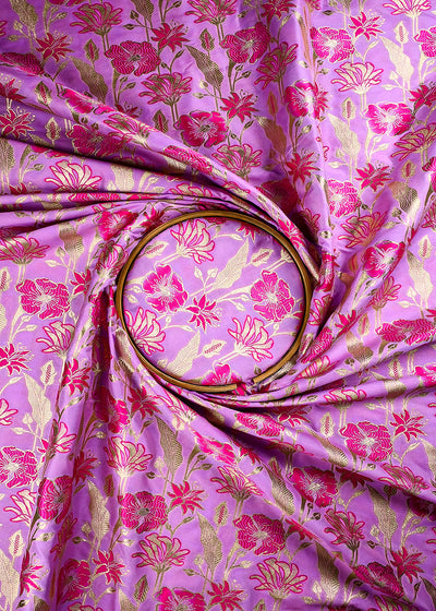 Pink Banarasi Brocade Fabric With All Over Thread And Zari Handloom 25891