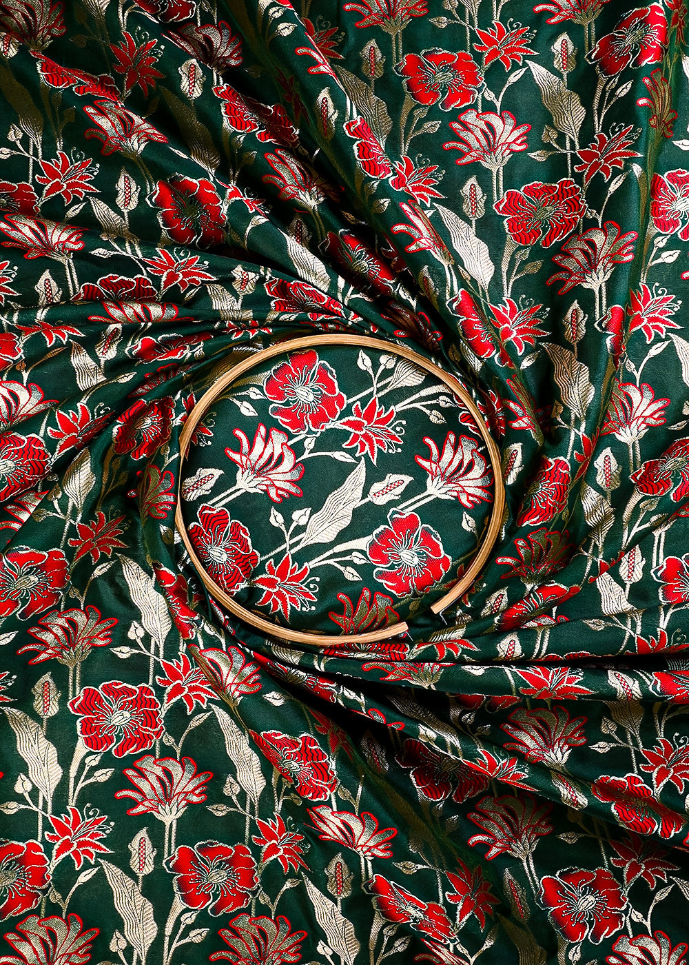 Bottle Green Banarasi Brocade Fabric With All Over Thread And Zari Handloom 25892