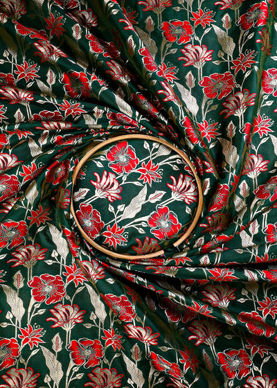 Bottle Green Banarasi Brocade Fabric With All Over Thread And Zari Handloom 25892