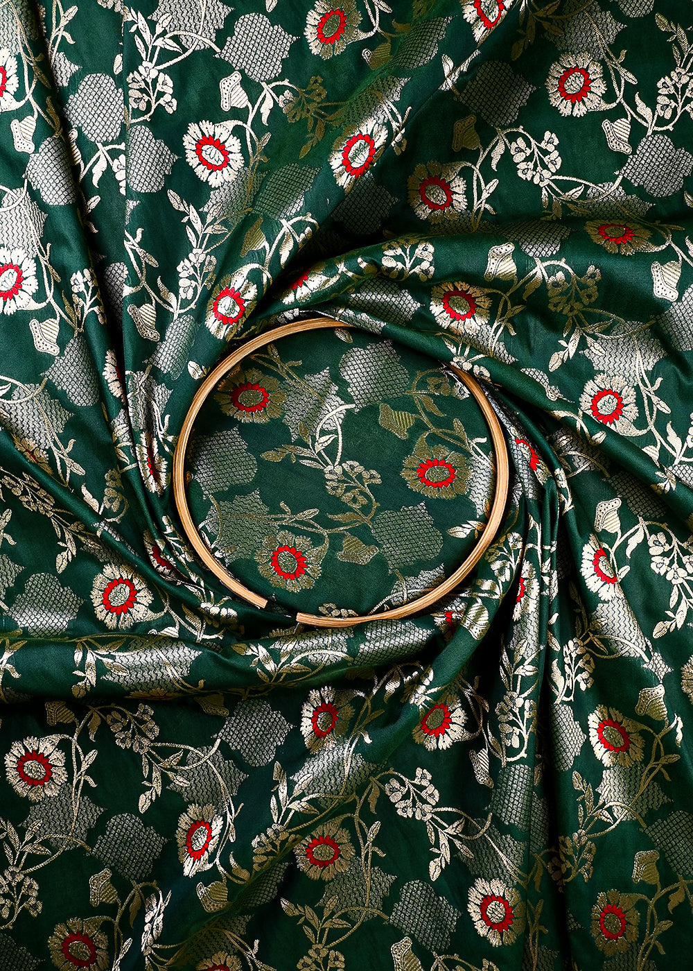 Bottle Green Banarasi Brocade Fabric With All Over Thread And Zari Handloom 25893