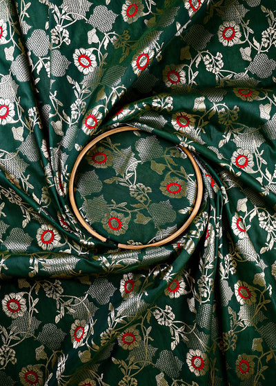 Bottle Green Banarasi Brocade Fabric With All Over Thread And Zari Handloom 25893