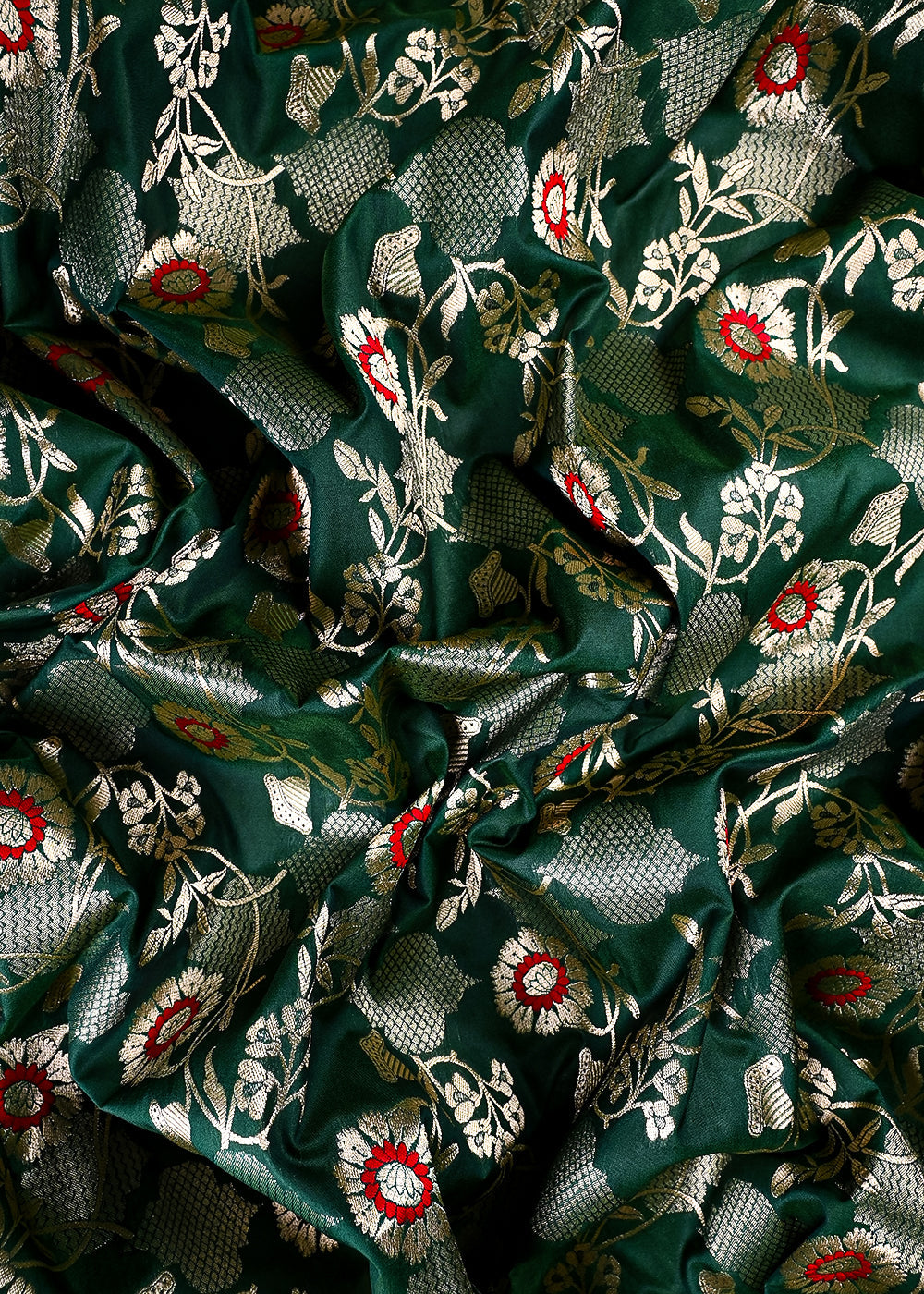 Bottle Green Banarasi Brocade Fabric With All Over Thread And Zari Handloom 25893