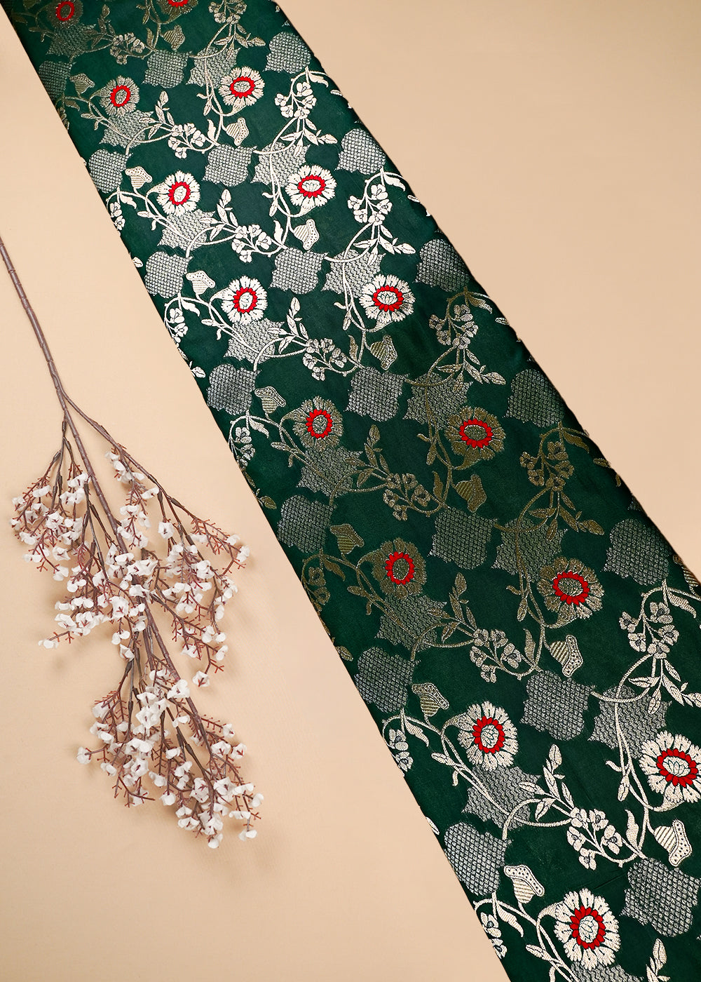 Bottle Green Banarasi Brocade Fabric With All Over Thread And Zari Handloom 25893