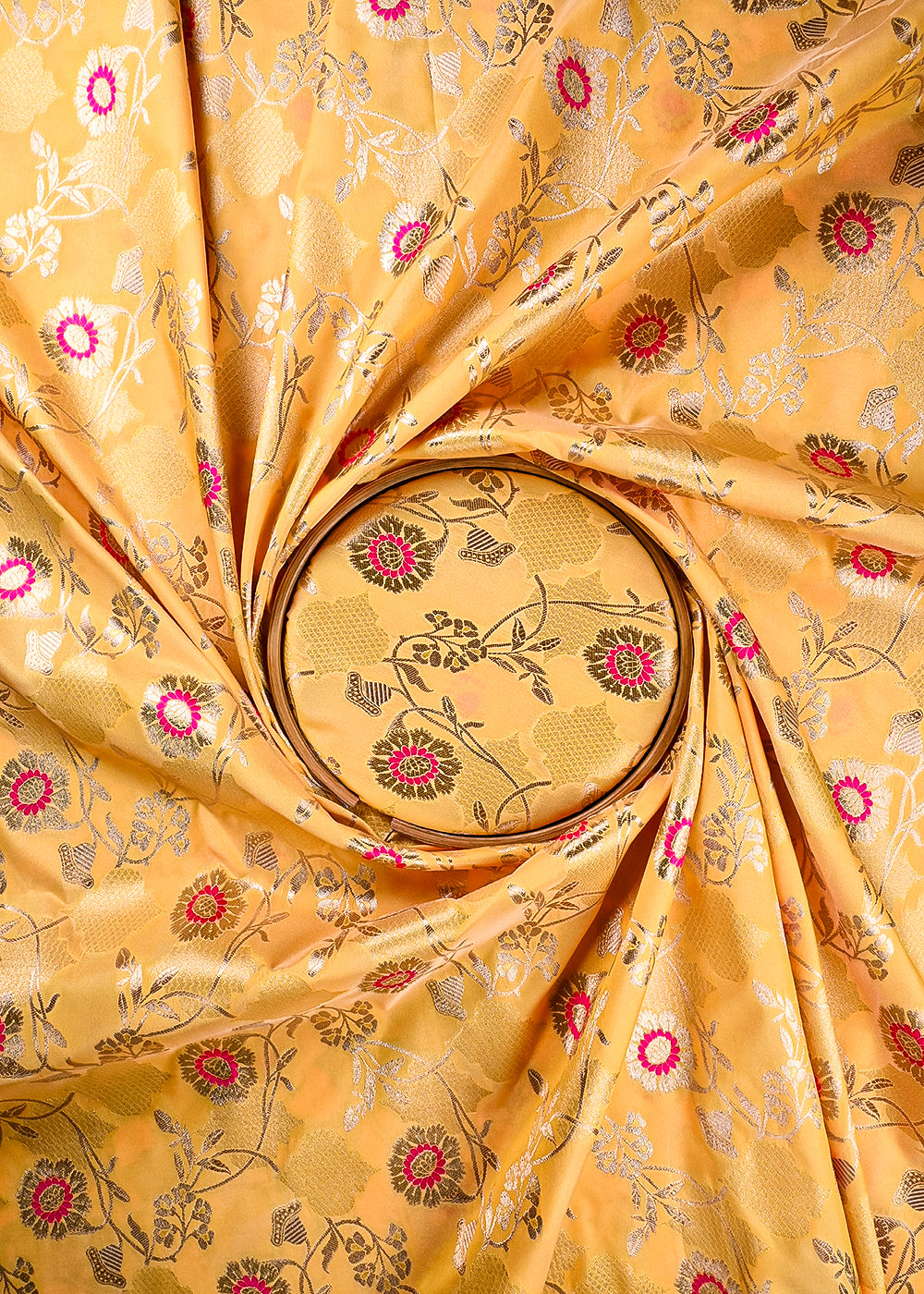 Pastel Yellow Banarasi Brocade Fabric With All Over Thread And Zari Handloom 25894
