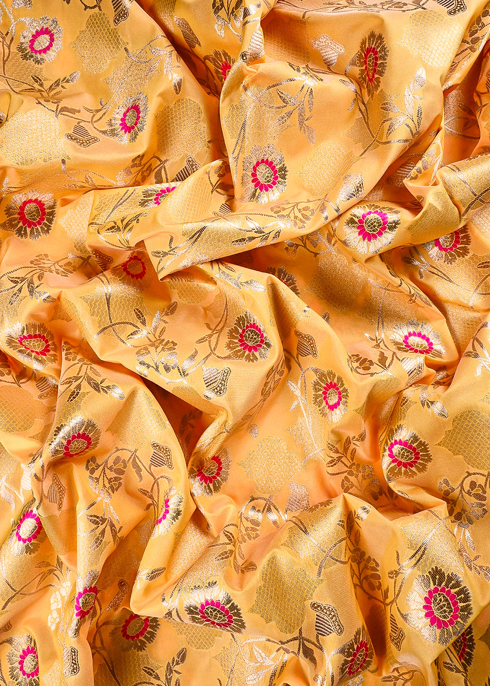 Pastel Yellow Banarasi Brocade Fabric With All Over Thread And Zari Handloom 25894