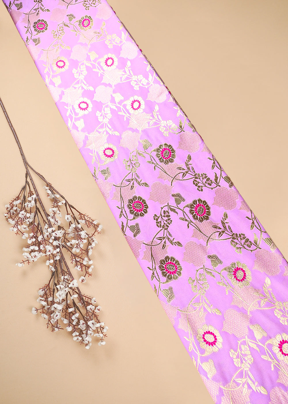 Light Lavender Banarasi Brocade Fabric With All Over Thread And Zari Handloom 25896
