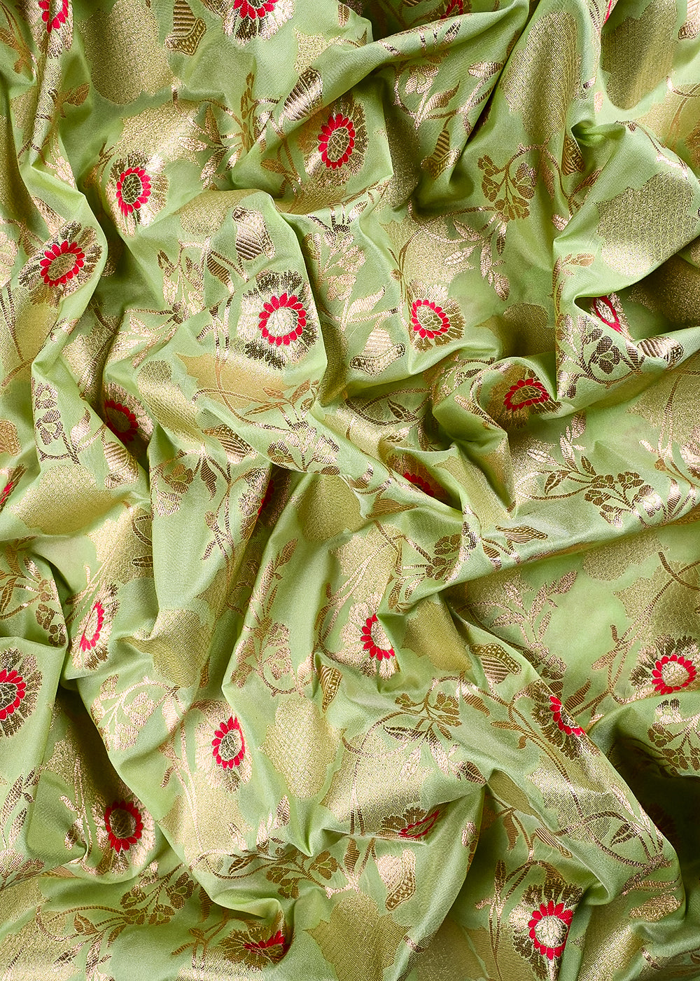 Pista Green Banarasi Brocade Fabric With All Over Thread And Zari Handloom 25897