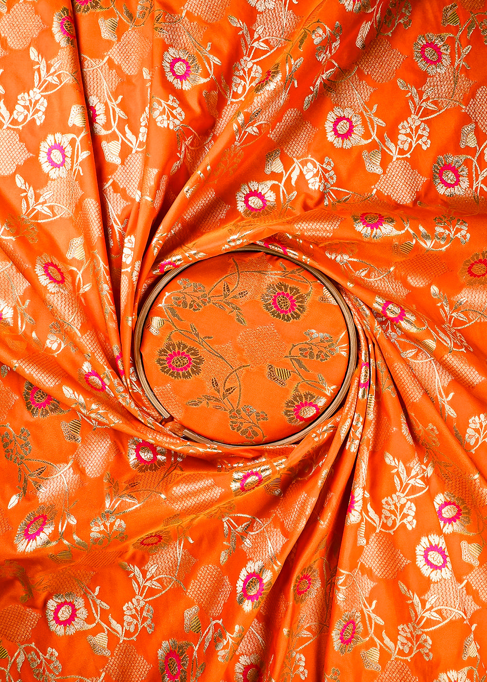 Orange Banarasi Brocade Fabric With All Over Thread And Zari Handloom 25898