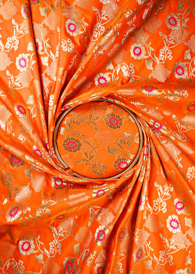 Orange Banarasi Brocade Fabric With All Over Thread And Zari Handloom 25898