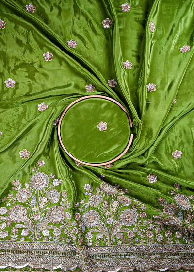 Green Crepe Fabric With All Over Zari, Sequins And Katdana Work With One Side Border 25900