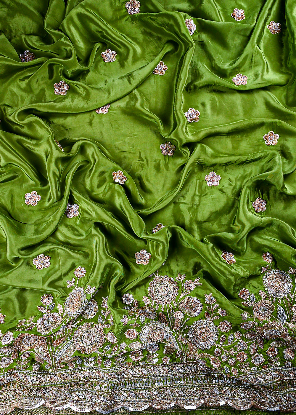 Green Crepe Fabric With All Over Zari, Sequins And Katdana Work With One Side Border 25900