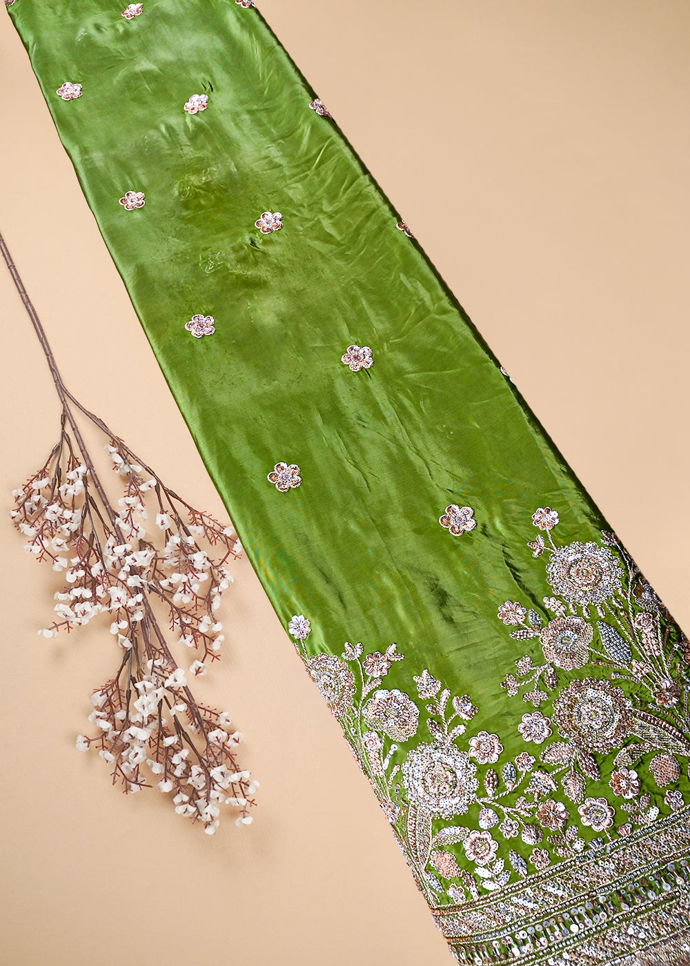 Green Crepe Fabric With All Over Zari, Sequins And Katdana Work With One Side Border 25900