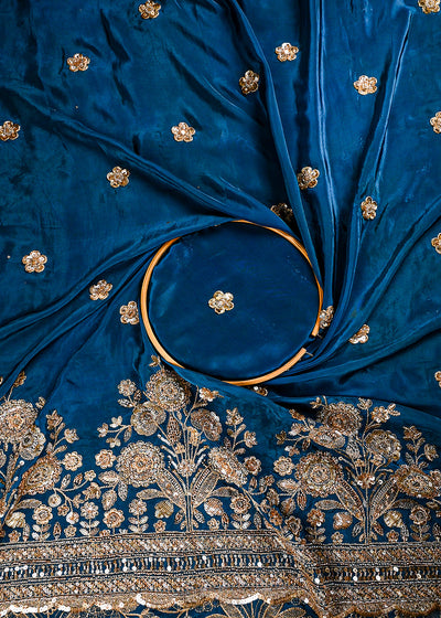 Blue Crepe Fabric With All Over Zari, Sequins And Katdana Work With One Side Border 25902