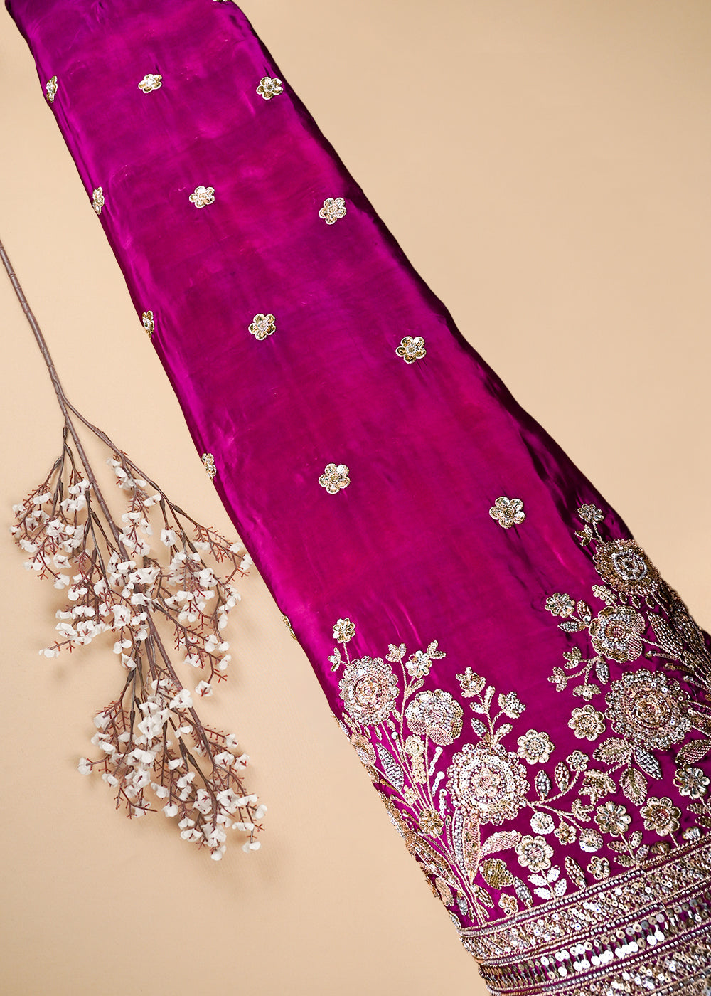 Purple Crepe Fabric With All Over Zari, Sequins And Katdana Work With One Side Border 25903