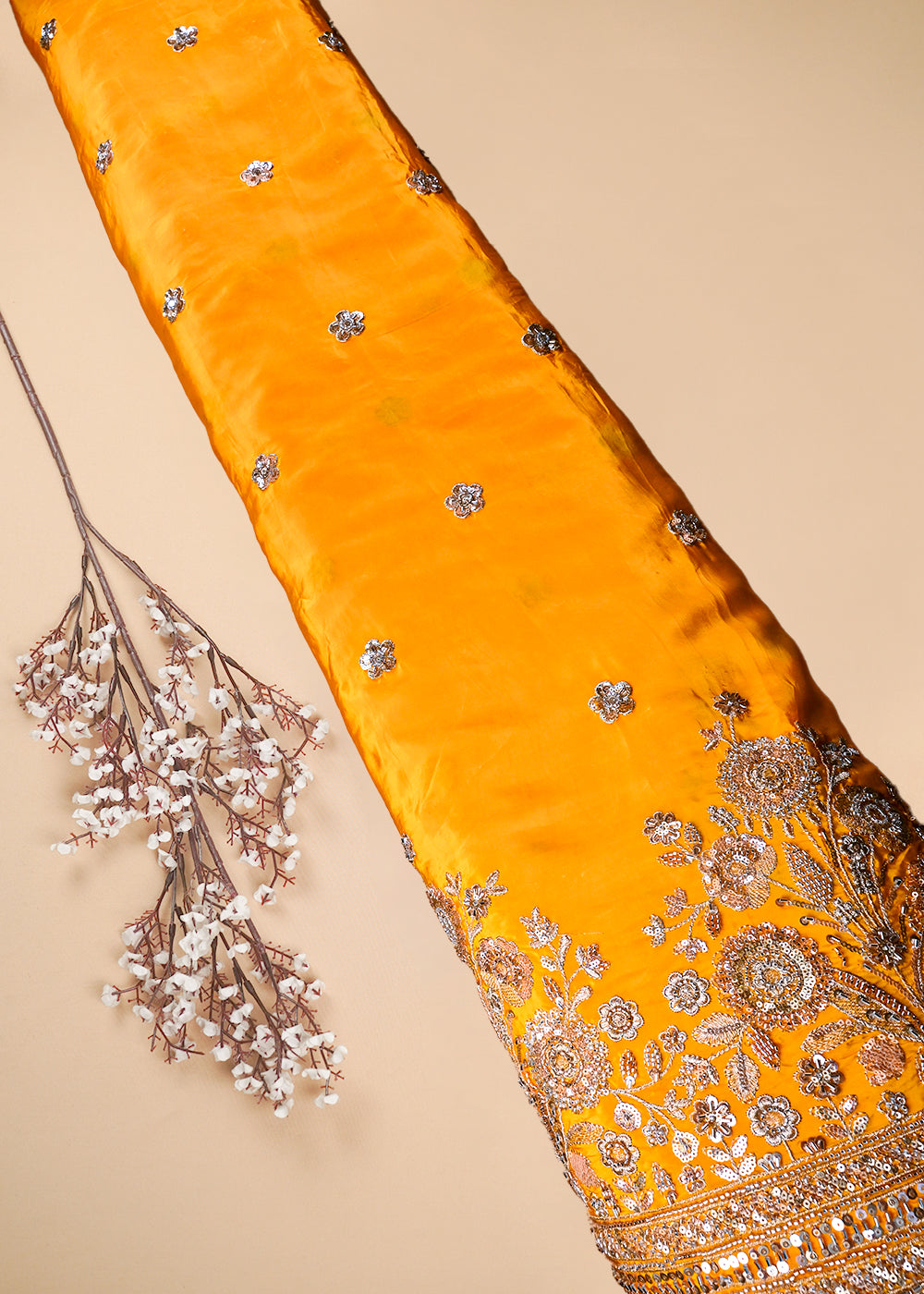 Mustard Crepe Fabric With All Over Zari, Sequins And Katdana Work With One Side Border 25904
