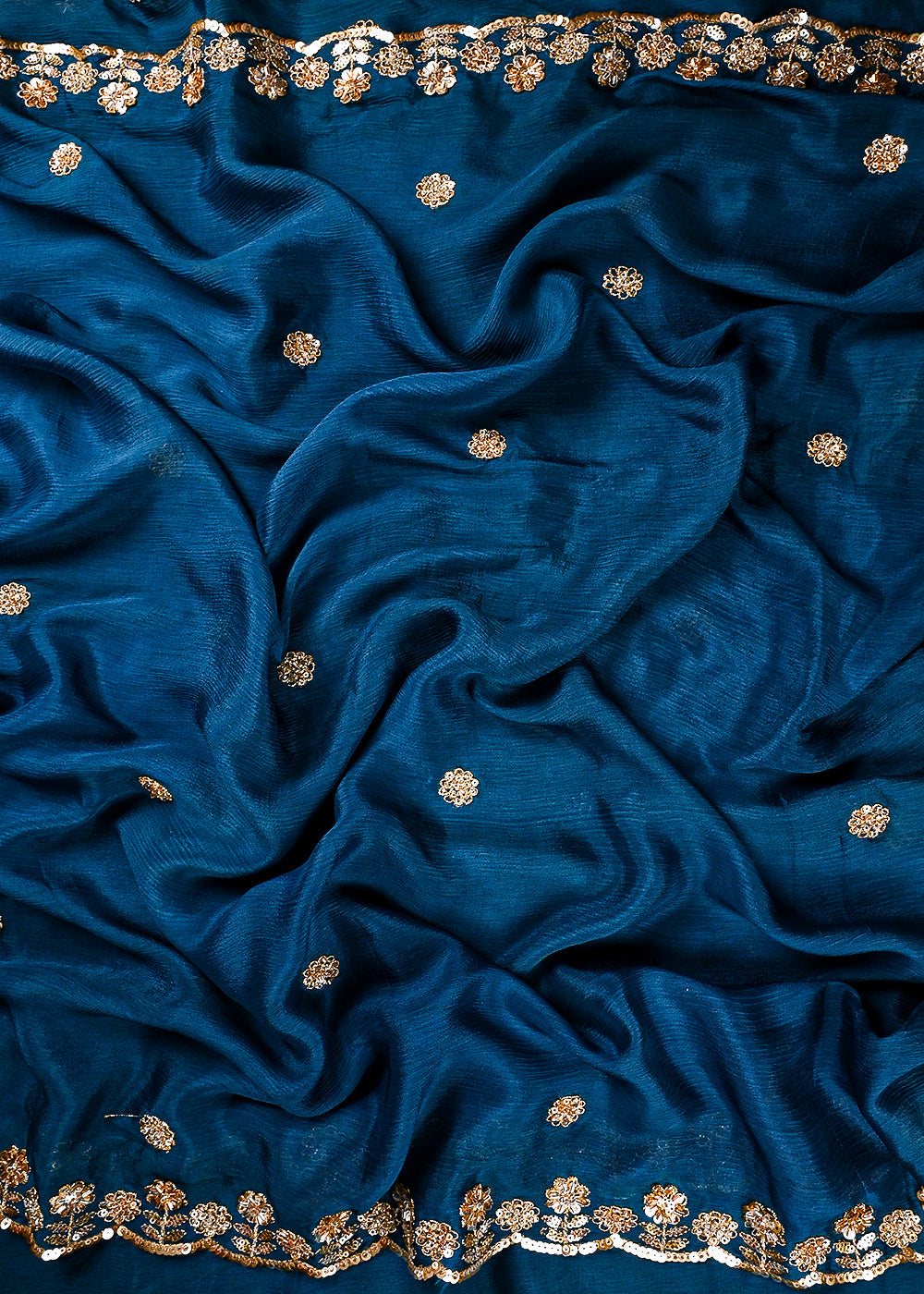 Blue Chinon Chiffon Dupatta Fabric With All Over Zari, Sequins And Katdana Work With Both Side Border 25906