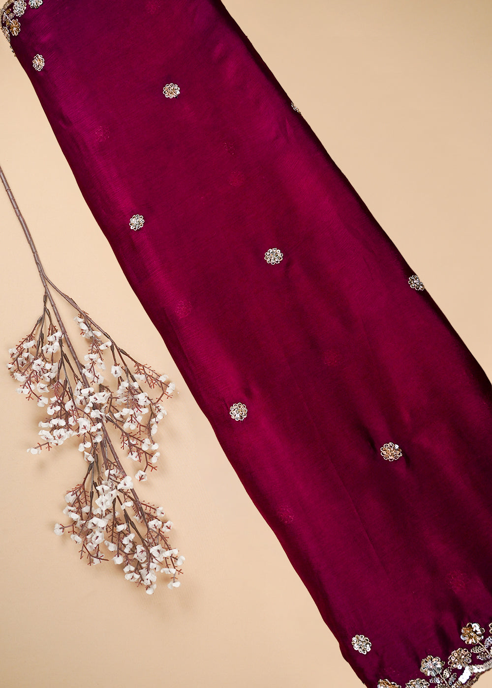 Purple Chinon Chiffon Dupatta Fabric With All Over Zari, Sequins And Katdana Work With Both Side Border 25907