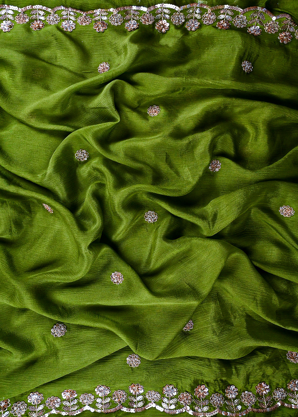 Green Chinon Chiffon Dupatta Fabric With All Over Zari, Sequins And Katdana Work With Both Side Border 25908