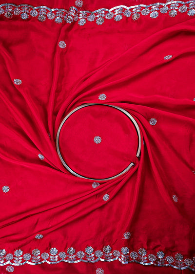 Red Chinon Chiffon Dupatta Fabric With All Over Zari, Sequins And Katdana Work With Both Side Border 25909
