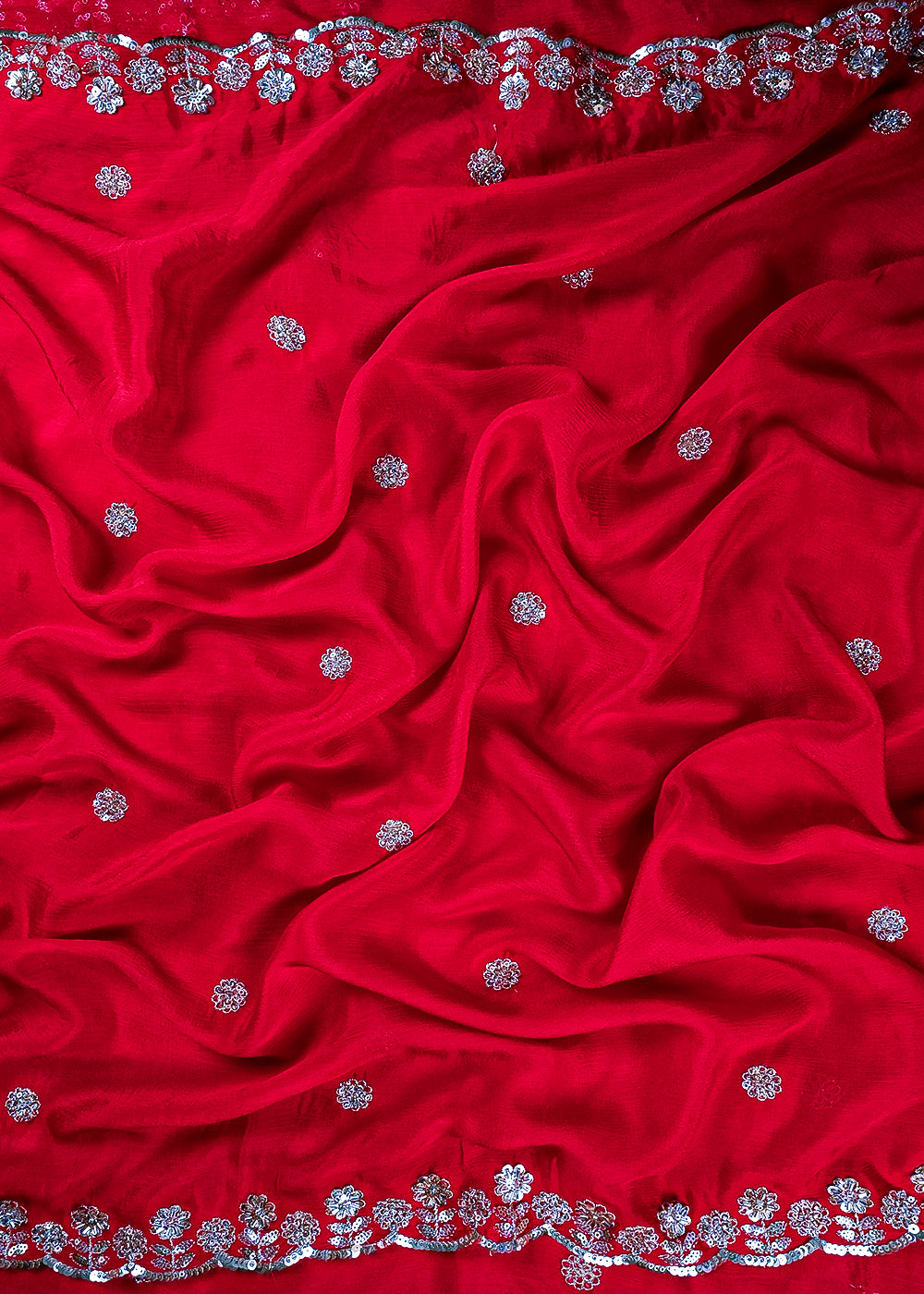 Red Chinon Chiffon Dupatta Fabric With All Over Zari, Sequins And Katdana Work With Both Side Border 25909