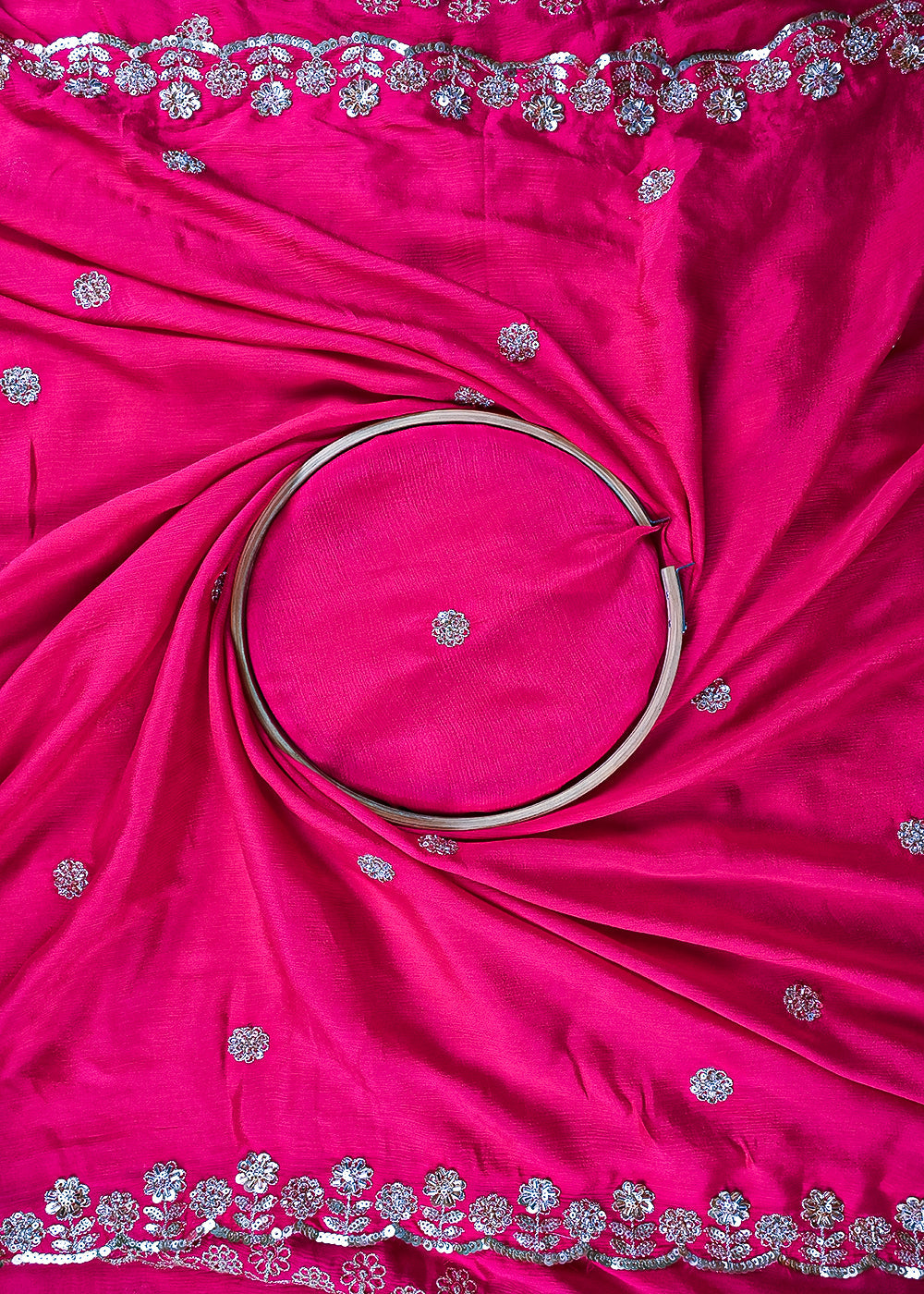Pink Chinon Chiffon Dupatta Fabric With All Over Zari, Sequins And Katdana Work With Both Side Border 25910