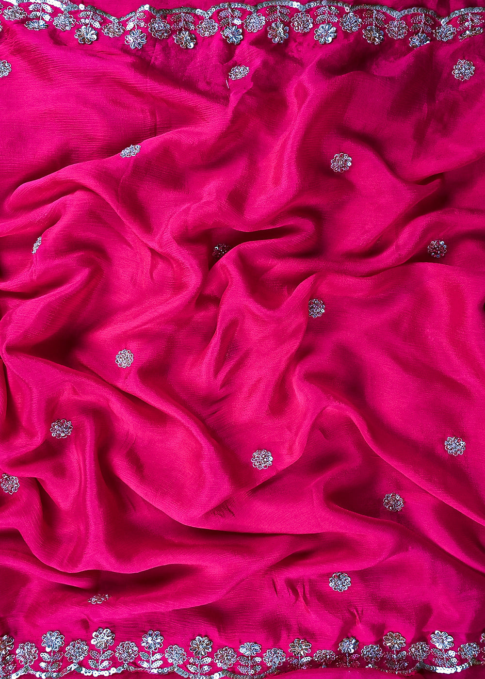 Pink Chinon Chiffon Dupatta Fabric With All Over Zari, Sequins And Katdana Work With Both Side Border 25910