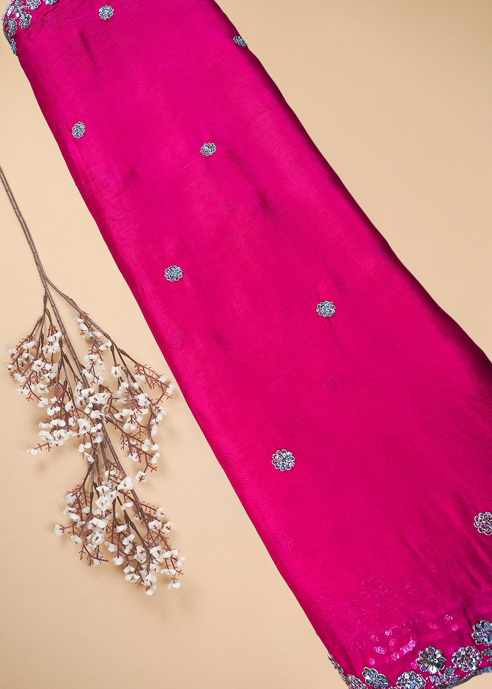 Pink Chinon Chiffon Dupatta Fabric With All Over Zari, Sequins And Katdana Work With Both Side Border 25910