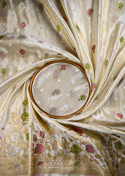 Golden Dyeable Tissue Fabric With All Over Thread And Zari Handloom With One Side Border 25939