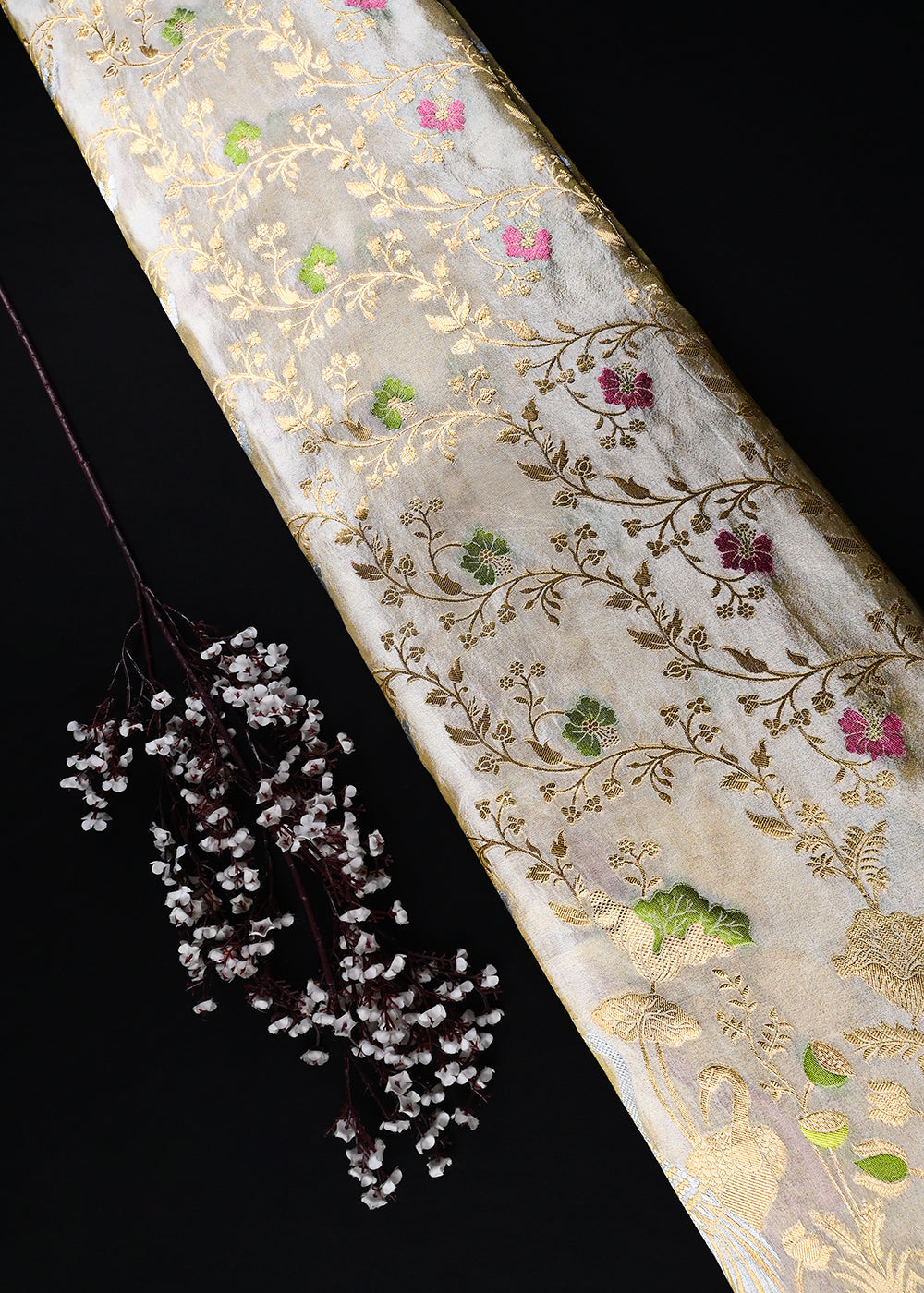 Golden Dyeable Tissue Fabric With All Over Thread And Zari Handloom With One Side Border 25840